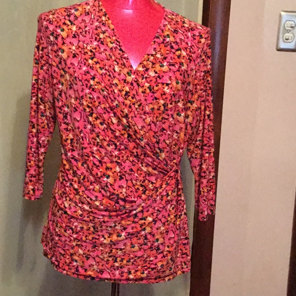 CHAUS FAUX WRAP TOP W 3/4 SLEEVES PINK/ORANGE